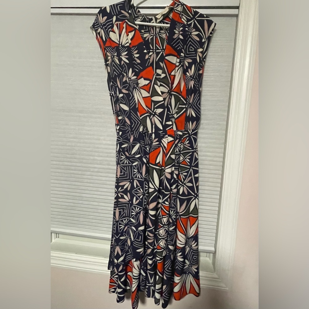 Tory Burch Navy, Red & Cream Geometric Midi Dress